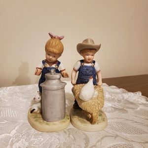 Set of 2 Vintage 1985 Home Interiors Denim Days Morning Chores Figurines
